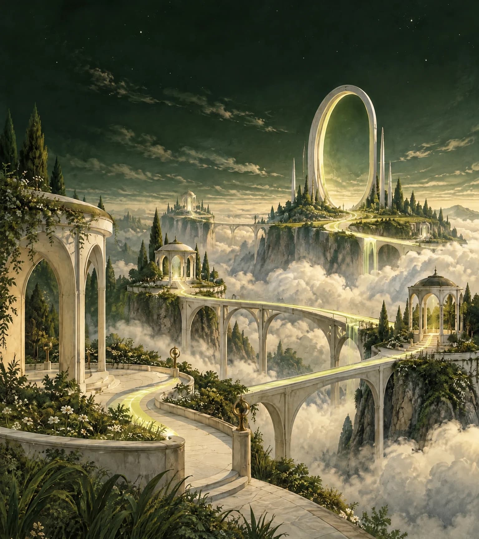 An illustrated world of ivory observatories above the clouds, connected by flowing yellow-green light.